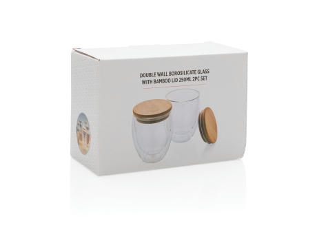 2-tlg Set Borosilikatgläser mit Bambusdeckel 250ml bedrucken