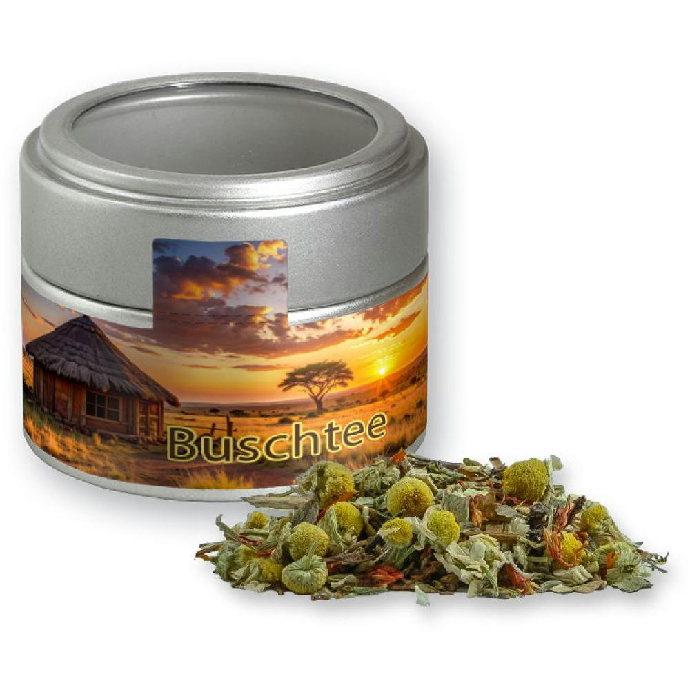 Product image Rotbuschtee Entspannungszeit, ca. 25g, Metalldose Mini mit Sichtfenster silber Werbeartikel