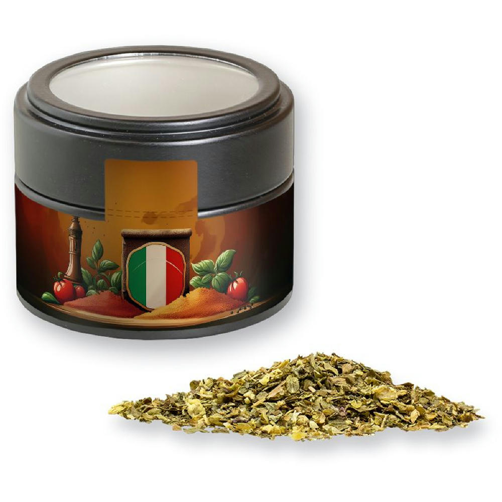 Product image Gewürzmischung Pizza-Kräuter, ca. 16g, Metalldose Mini mit Sichtfenster schwarz Werbeartikel