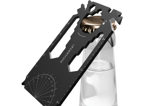 RICHARTZ POCKET CARD black 28+ öffnet eine Glasflasche mit Kronkorken – Multitool als Werbeartikel mit Ihrem Logo
