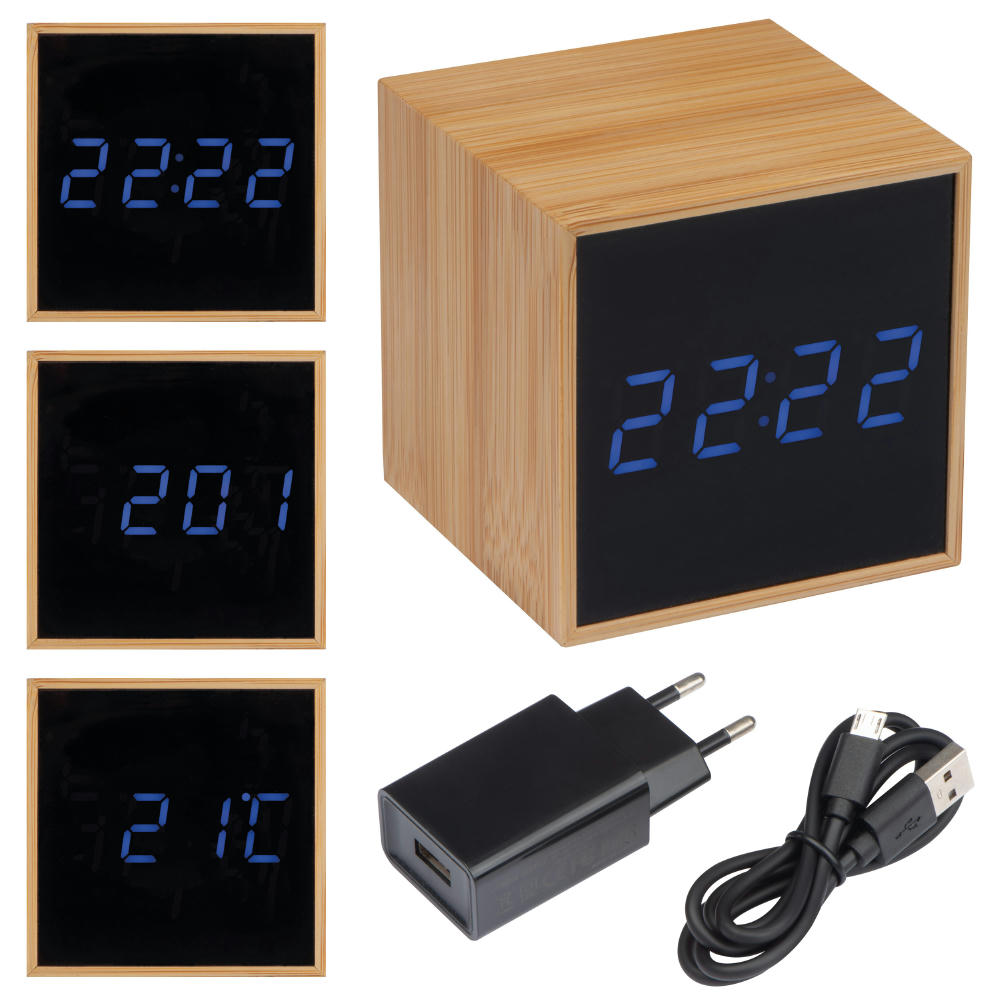 Product image Tischuhr mit schwarzem Display und blauer LED Anzeige Werbeartikel
