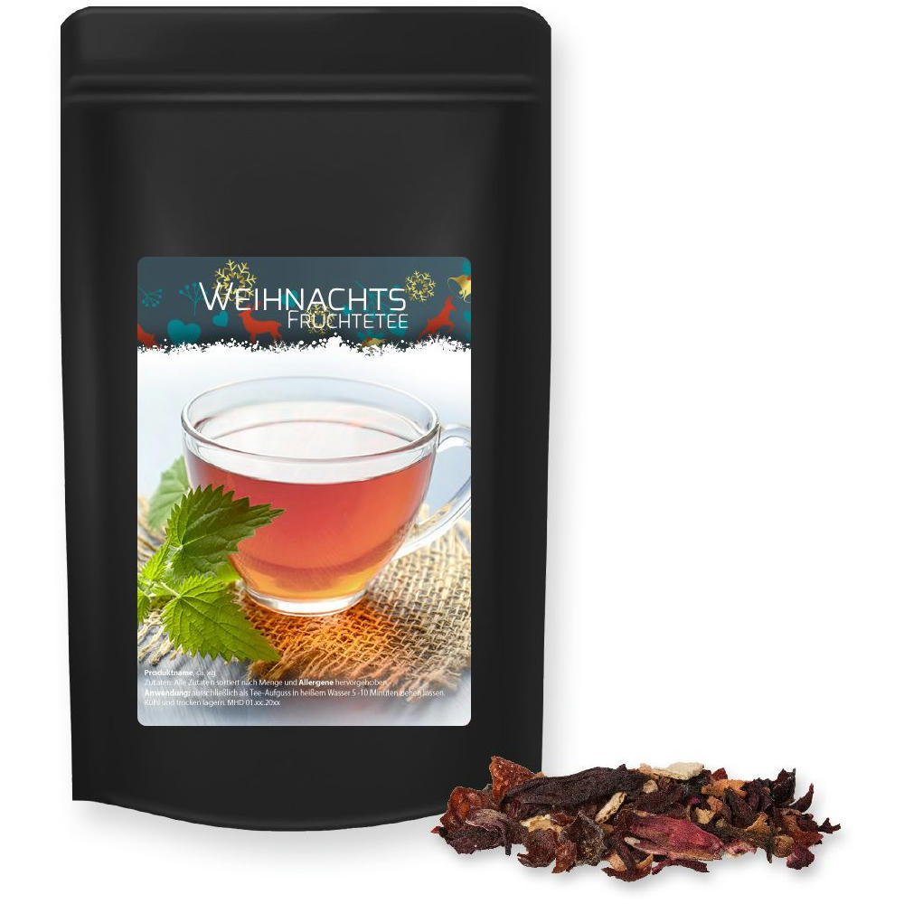 Product image Weihnachts Früchtetee, ca. 55g, Standbeutel Midi schwarz Werbeartikel
