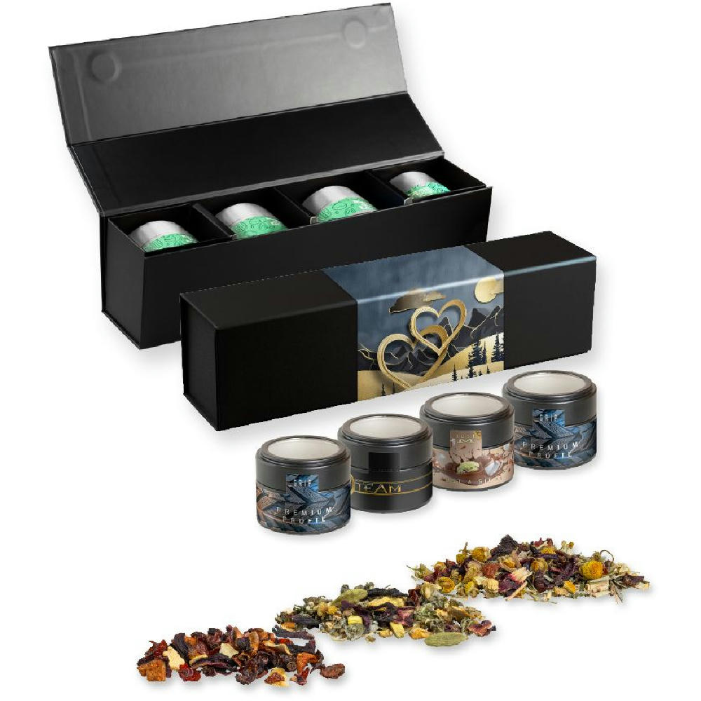 Product image Verschiedene Teesorten, , ca. 60-140g, Geschenk-Set Premium schwarz mit Magnetverschluss und 4 Metalldosen Mini mit Sichtfenster Werbeartikel