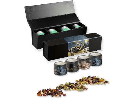 Product image Verschiedene Teesorten, , ca. 60-140g, Geschenk-Set Premium schwarz mit Magnetverschluss und 4 Metalldosen Mini mit Sichtfenster Werbeartikel
