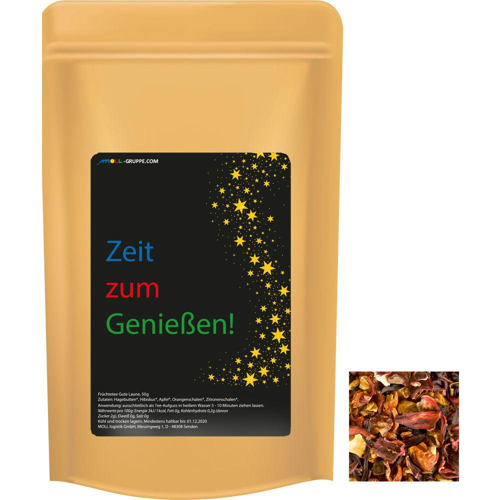 Product image Früchtetee gute Laune, ca. 50g, Standbeutel Midi Werbeartikel
