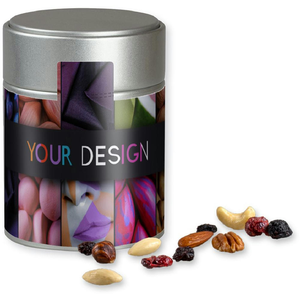 Product image Premium Studentenfutter, ca. 100g, Metalldose Midi silber Werbeartikel