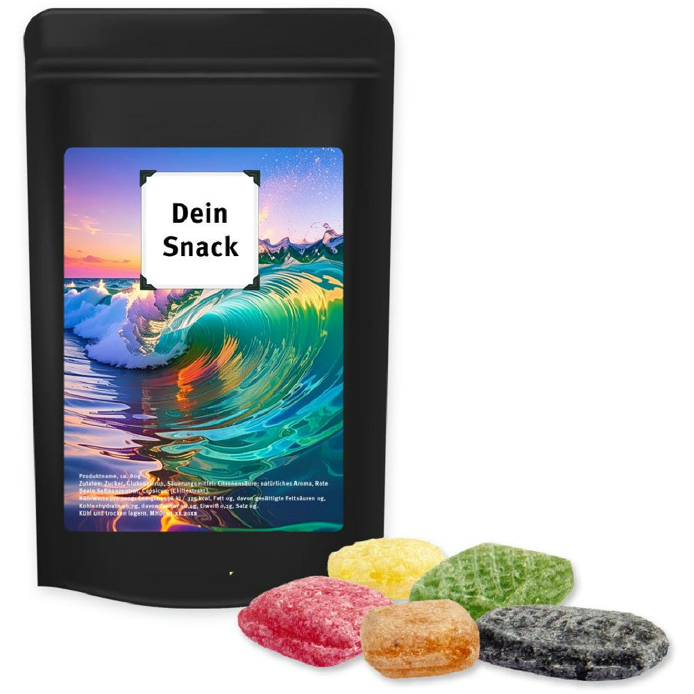 Hustenbonbons, ca. 80g, Standbeutel Midi schwarz Werbeartikel