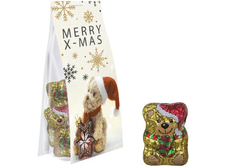 Schoko-Weihnachtsbärchen, ca. 40g, Express Blockbodenbeutel mit Werbereiter bedrucken