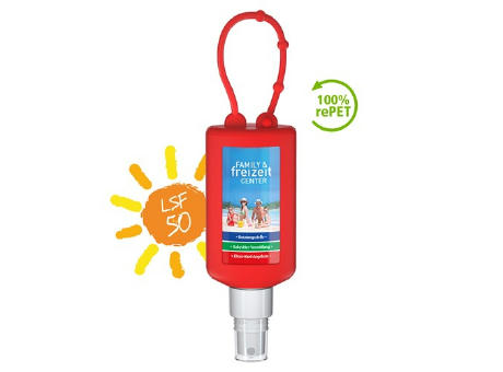 50 ml Bumper rot - Sonnenschutzspray LSF 50 - Body Label Werbeartikel