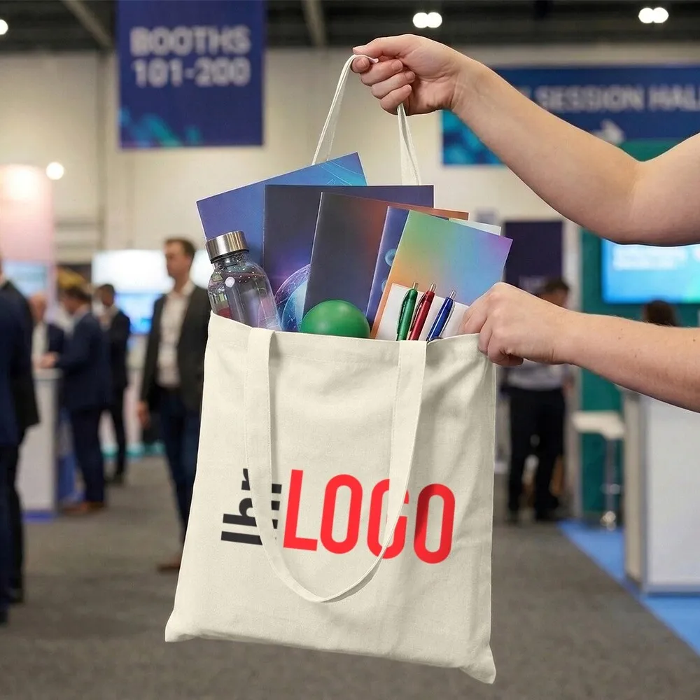 Carolina 100 g/m² Baumwoll Tragetasche 7L Carolina 100 Baumwolltasche mit Logo gefüllt mit Giveaways auf Messe – idealer Werbeartikel für Promotion und Events