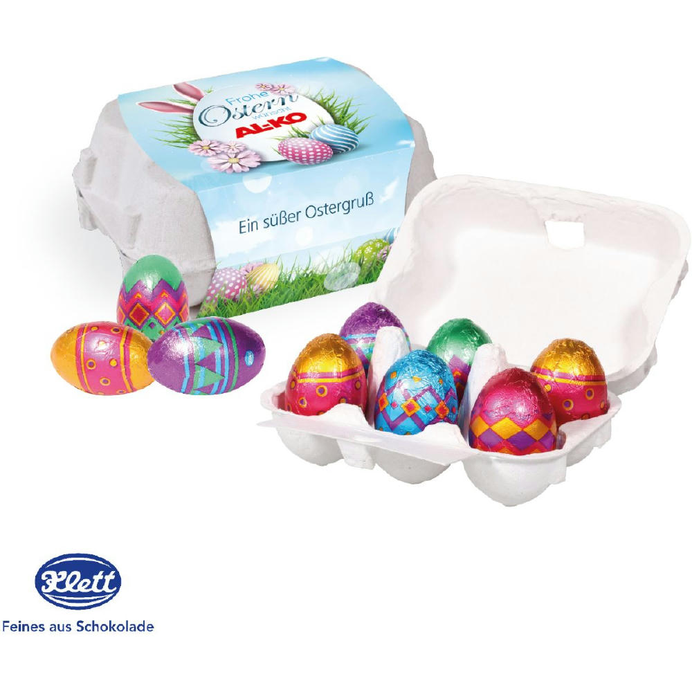 Product image SCHOKO-EIER 6ER MIT KLETT SCHOKOLADE Werbeartikel