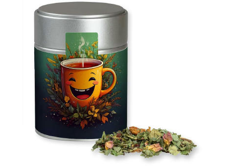Product image Kräutertee Glücksgefühle, ca. 35g, Metalldose Midi silber Werbeartikel