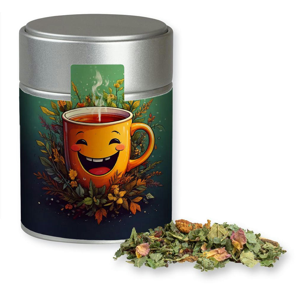 Product image Kräutertee Glücksgefühle, ca. 35g, Metalldose Midi silber Werbeartikel