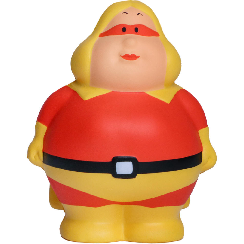 Super Berta mit roter Maske, Cape und rot-gelbem Kostüm – Anti-Stress-Figur als Werbeartikel zum Dankeschön