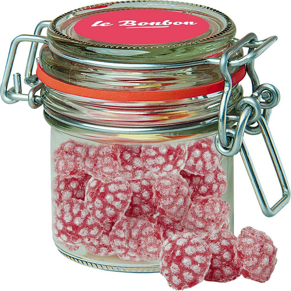 Himbeer Bonbons, ca. 60g, Bonbonglas Mini Werbeartikel