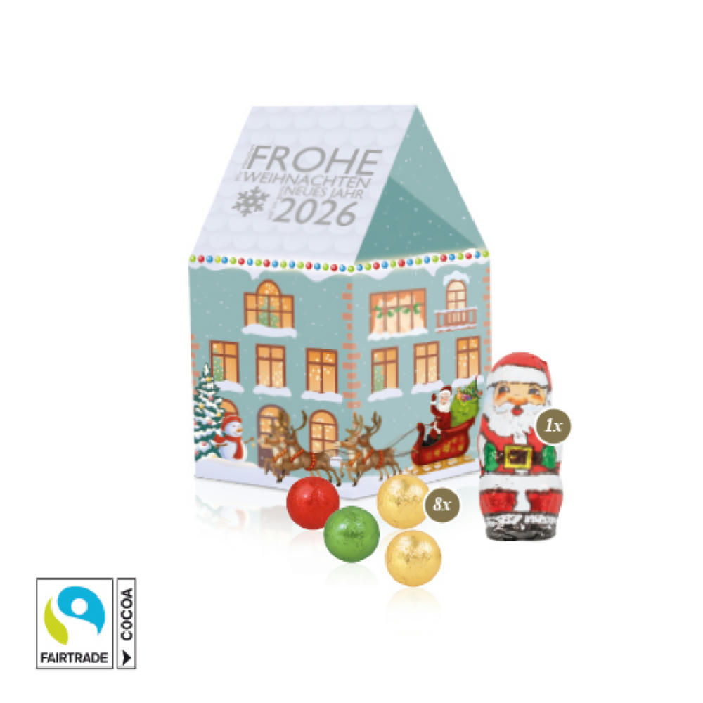 3D Präsent "Haus" mit Fairtrade® Schokolade Werbeartikel