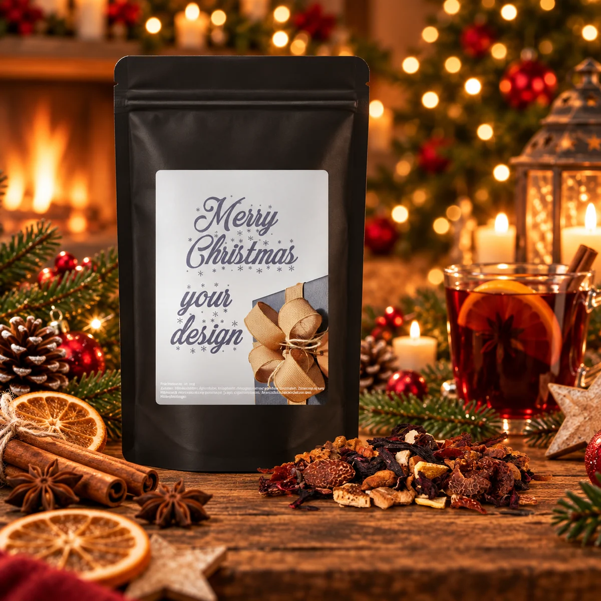 Glühweingewürz fein, ca. 55g, Standbeutel Midi schwarz Glühweingewürz im schwarzen 55-g-Standbeutel mit individualisierbarem Etikett als Weihnachtswerbeartikel