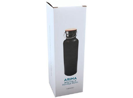 Doppelwandige Flasche 'Arima', schwarz, Bambusdeckel, 500ml Werbeartikel
