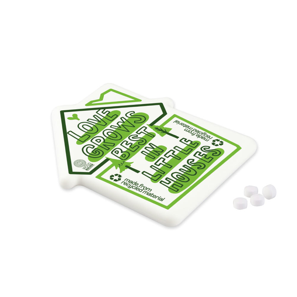 Product image Recycelter Pfefferminzspender in Form eines Hauses Werbeartikel