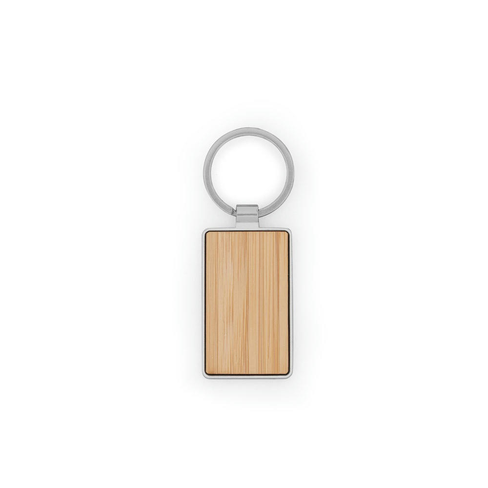 GASTON RECTANGULAR. Schlüsselanhänger aus Eisen in rechteckiger Form aus Zink und Bambus Werbeartikel