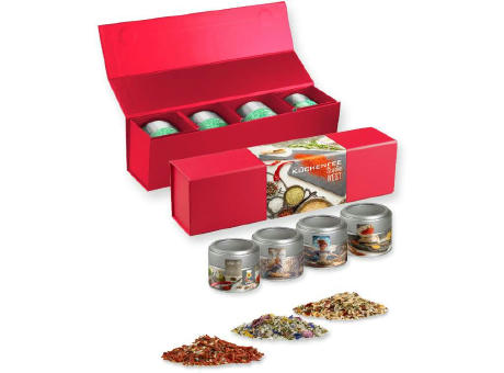 verschiedene Gewürzmischungen (Kategorie 1), ca. 160-440g, Geschenk-Set Premium rot mit Magnetverschluss und 4 Metalldosen Mini mit Sichtfenste Werbeartikel