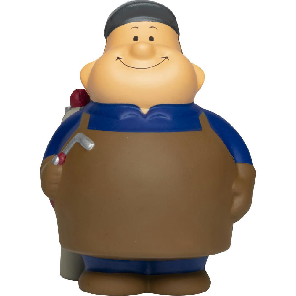 Product image Schweißer Bert mit brauner Lederschürze, Kappe und Werkzeug – Anti-Stress-Figur als Werbeartikel für den Metallbau