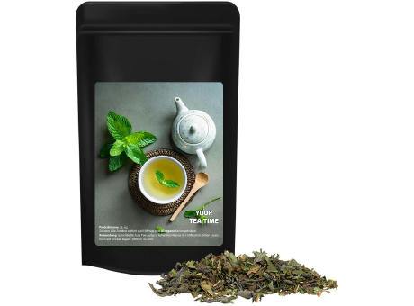 Product image Grüner Tee mit Minze, ca. 30g, Standbeutel Midi schwarz Werbeartikel