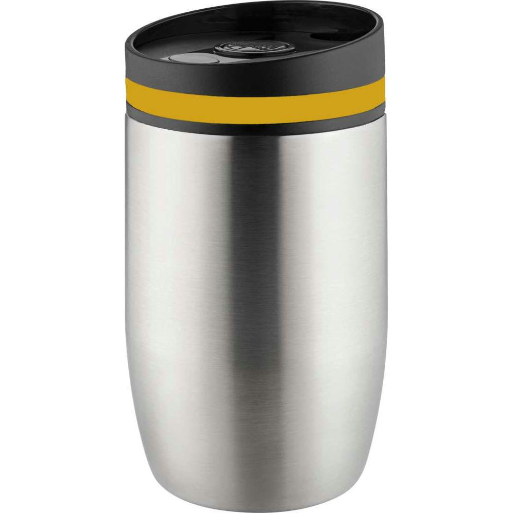Product image Metmaxx® Thermobecher "CremaOfficinaBudget“ silber/Ring gelb Werbeartikel