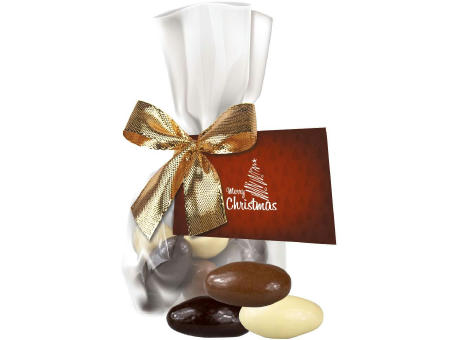 Product image Mandel-Schoko-Trio, ca. 35g, Express Flachbeutel mit Schleife mit Werbekarte bedrucken