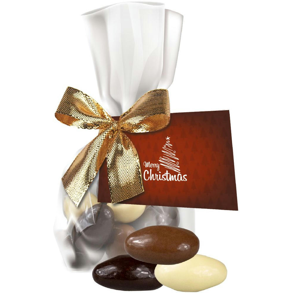 Product image Mandel-Schoko-Trio, ca. 35g, Express Flachbeutel mit Schleife mit Werbekarte Werbeartikel