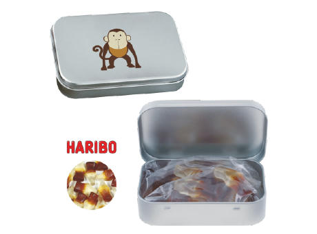 Product image Blechdose mit Scharnier mit ca. 60 gr. Haribo Colafläschchen Werbeartikel