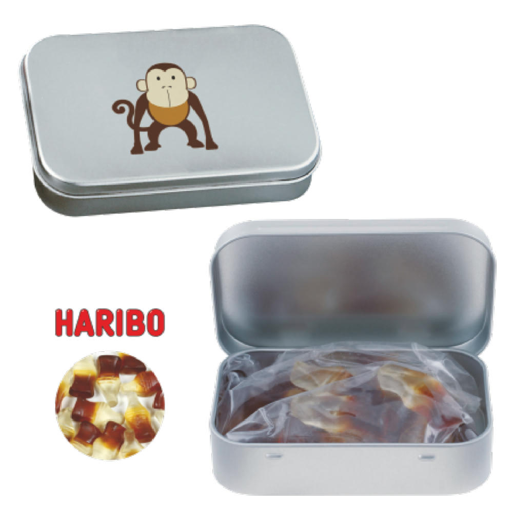 Product image Blechdose mit Scharnier mit ca. 60 gr. Haribo Colafläschchen Werbeartikel