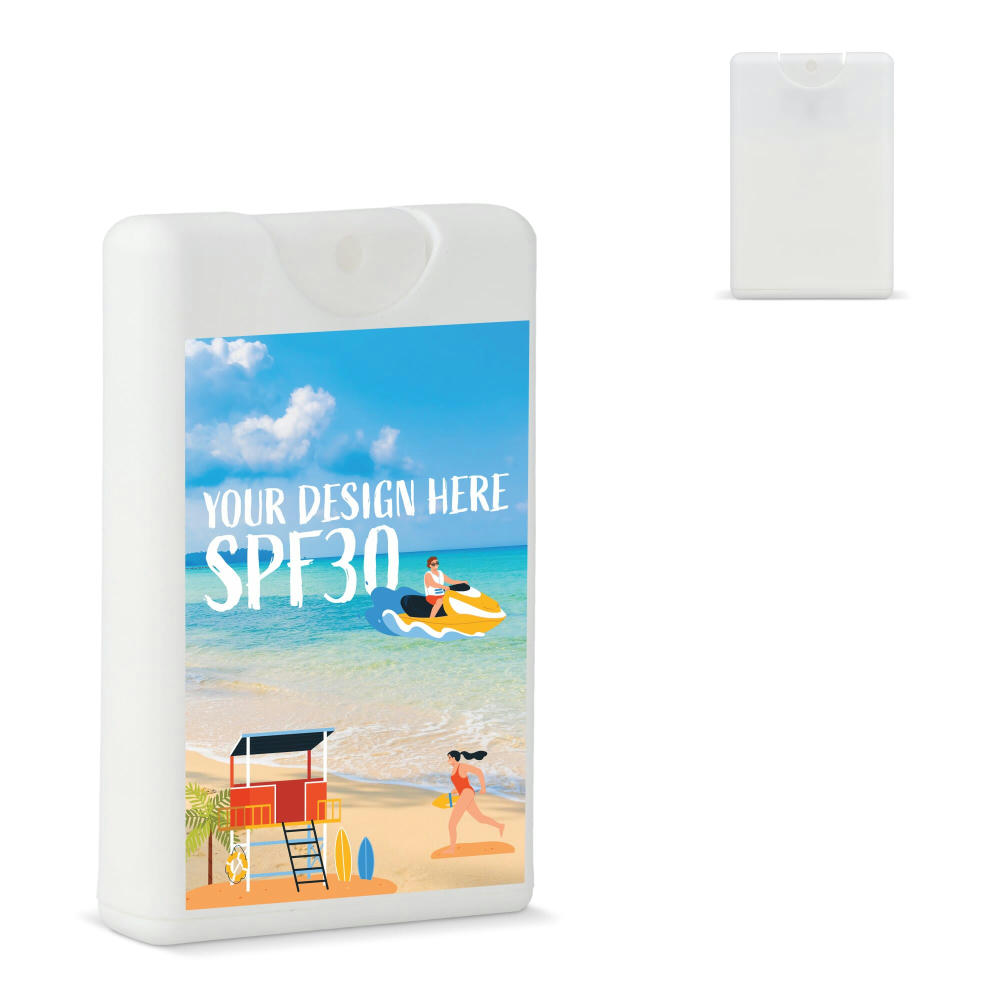 Kreditkarten-Sonnenschutzspray SPF30 aus recyceltem Material Werbeartikel