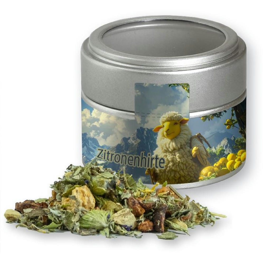 Product image Kräutertee Bergtee & Zitrus, ca. 20g, Metalldose Mini mit Sichtfenster silber Werbeartikel