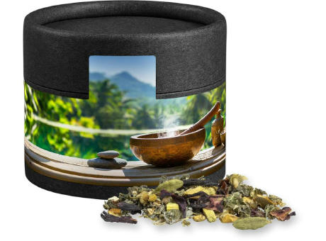 Ayurveda Relax-Tee, ca. 18g, Kraftpapierdose Mini schwarz Werbeartikel