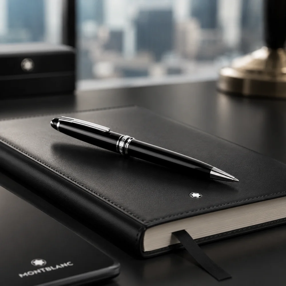 Montblanc Meisterstück Classique Kugelschreiber Platin (BP 164) auf edlem Notizbuch – exklusiver Luxus-Kugelschreiber für Business und Geschenkideen