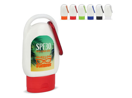 Sonnenschutzlotion mit Karabiner SPF30 aus recyceltem Material bedrucken