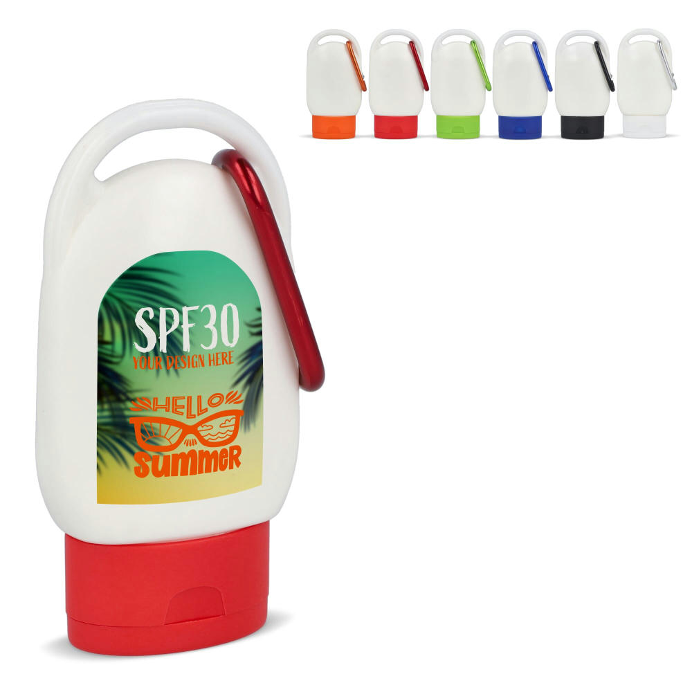 Product image Sonnenschutzlotion mit Karabiner SPF30 aus recyceltem Material Werbeartikel