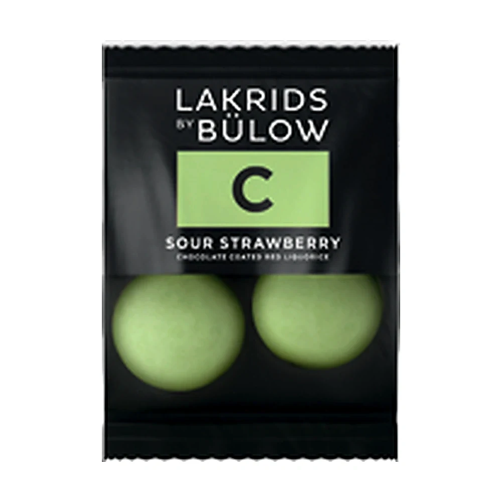 Mini Schoko-Lakritz C Sour Strawberry Lakrids by Bülow, 250 Minis Lakrids by Bülow Mini C Sour Strawberry: grüne Lakritzkugeln im Einzeltütchen – Süßigkeiten mit Logo