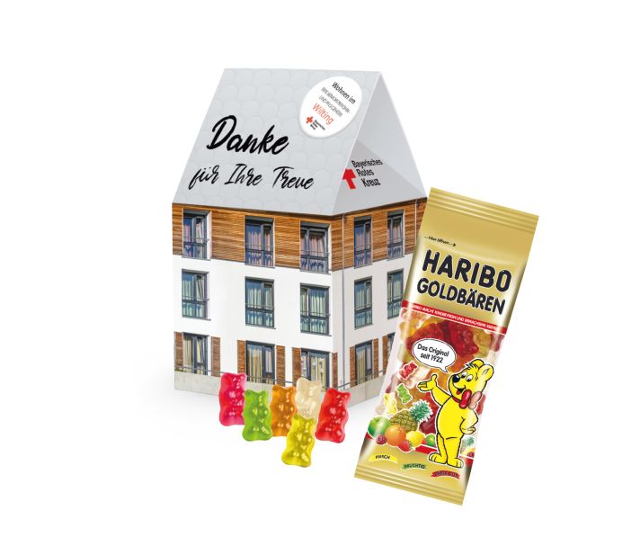 3D-Präsent Haus mit 75 g HARIBO Goldbären und individuell bedruckter Hausverpackung