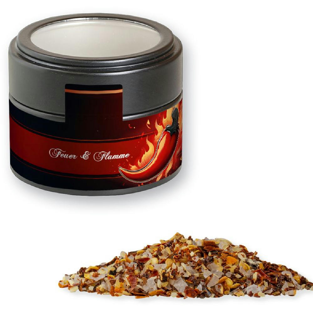Gewürzmischung Feuer und Flamme, ca. 60g, Metalldose Mini mit Sichtfenster schwarz Werbeartikel