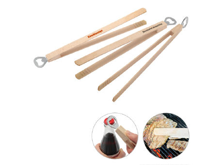 Grillzange Holz mit Flaschenöffner Werbeartikel