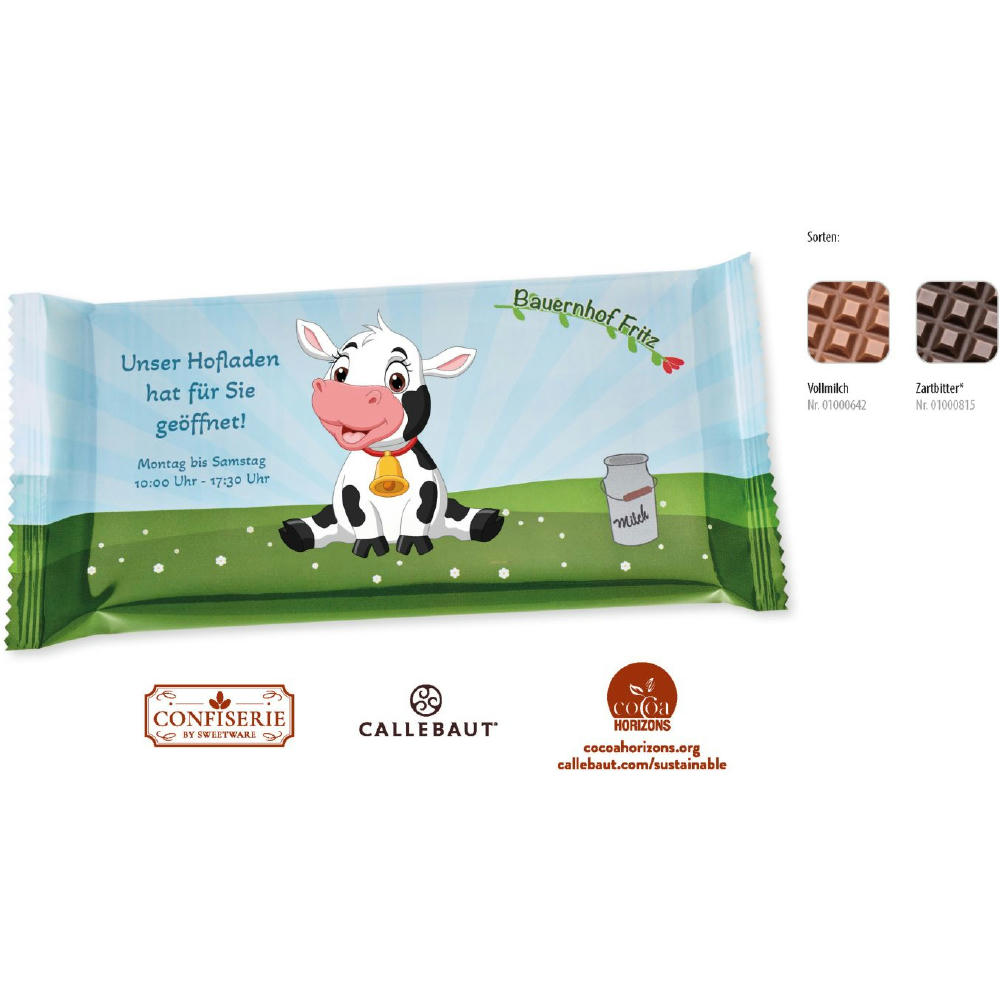 Product image Schokolade 100 g Tafel im Flowpack, 1 Stück, Inhalt: Callebaut Vollmilch Werbeartikel