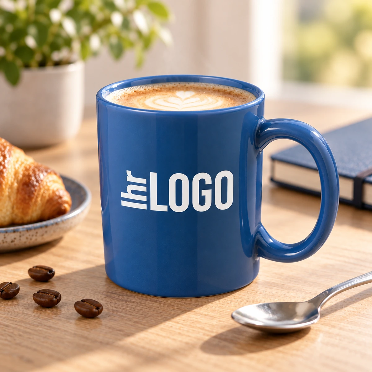 Santos 330 ml Keramiktasse in Blau mit „Ihr Logo“ in einer stimmungsvollen Kaffeepause als Werbeartikel für Unternehmen.