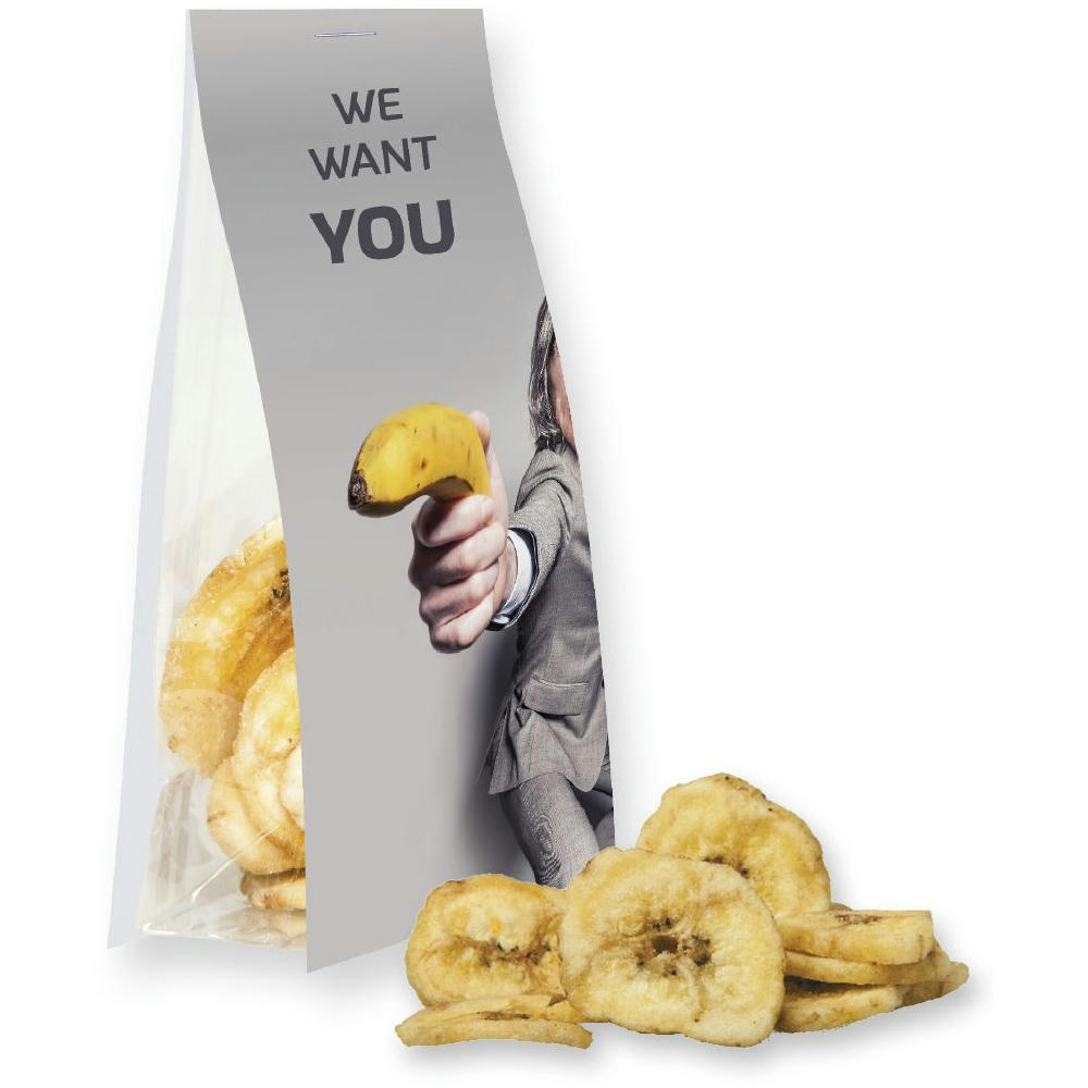 Product image Bananenchips, ca. 25g, Express Blockbodenbeutel mit Werbereiter Werbeartikel