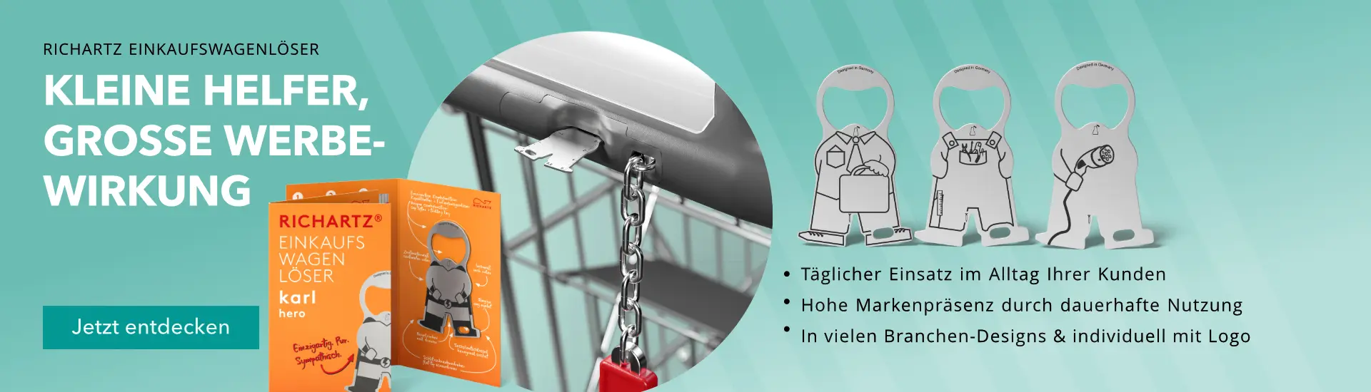 Richarts Einkaufswagenlöser aus Metall mit Logo-Gravur als Werbeartikel