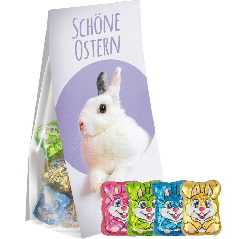 Schoko-Hasen Mix, ca. 36g, Express Blockbodenbeutel mit Werbereiter Werbeartikel