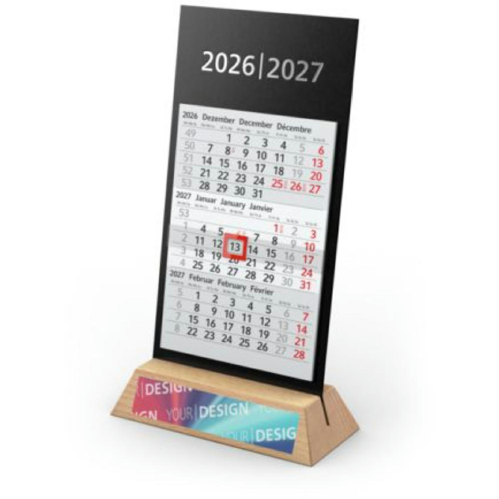 Tischkalender Desktop Wood 3 Holzaufsteller Karton-Rückwand schwarz Werbeartikel
