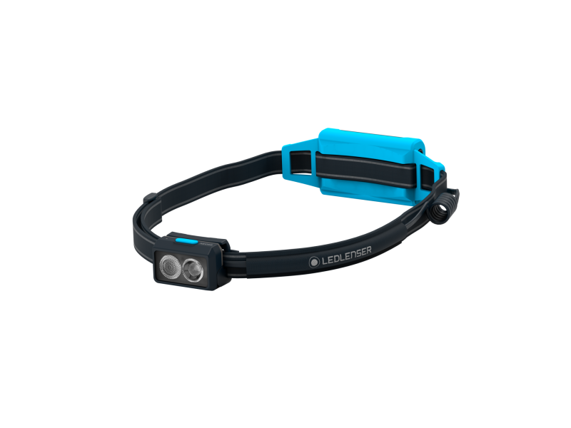 LEDLENSER Stirnlampe NEO5R in Blau mit Akku-Box am Hinterkopf – Laufstirnlampe mit Logo