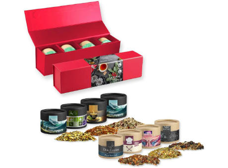 Product image Verschiedene Weihnachts Gewürzmischungen, ca. 80-160g, Geschenk-Set Premium rot mit Magnetverschluss und 4 Kraftpapierdosen Mini Werbeartikel